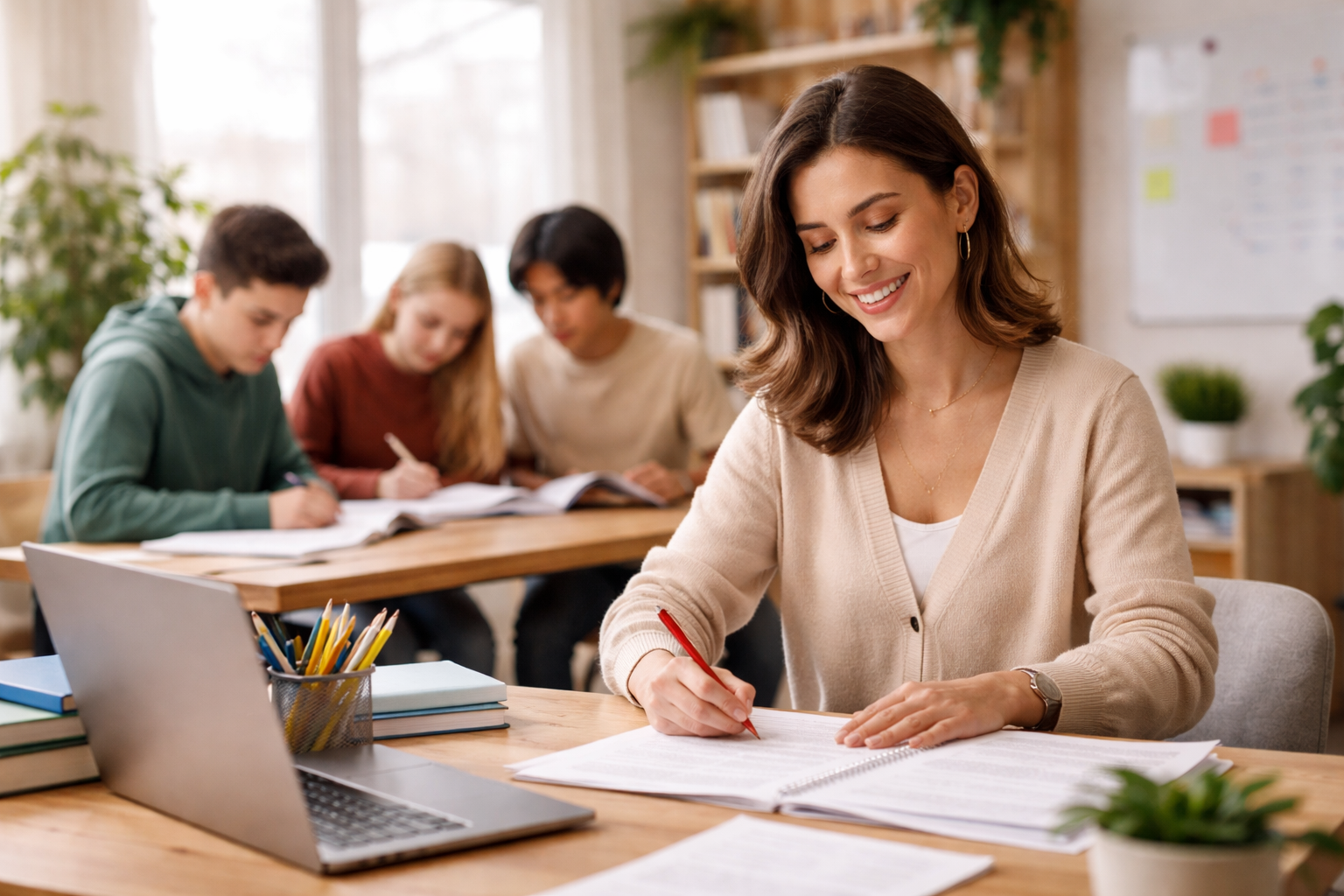 Professional tutor marking papers with students studying in the background